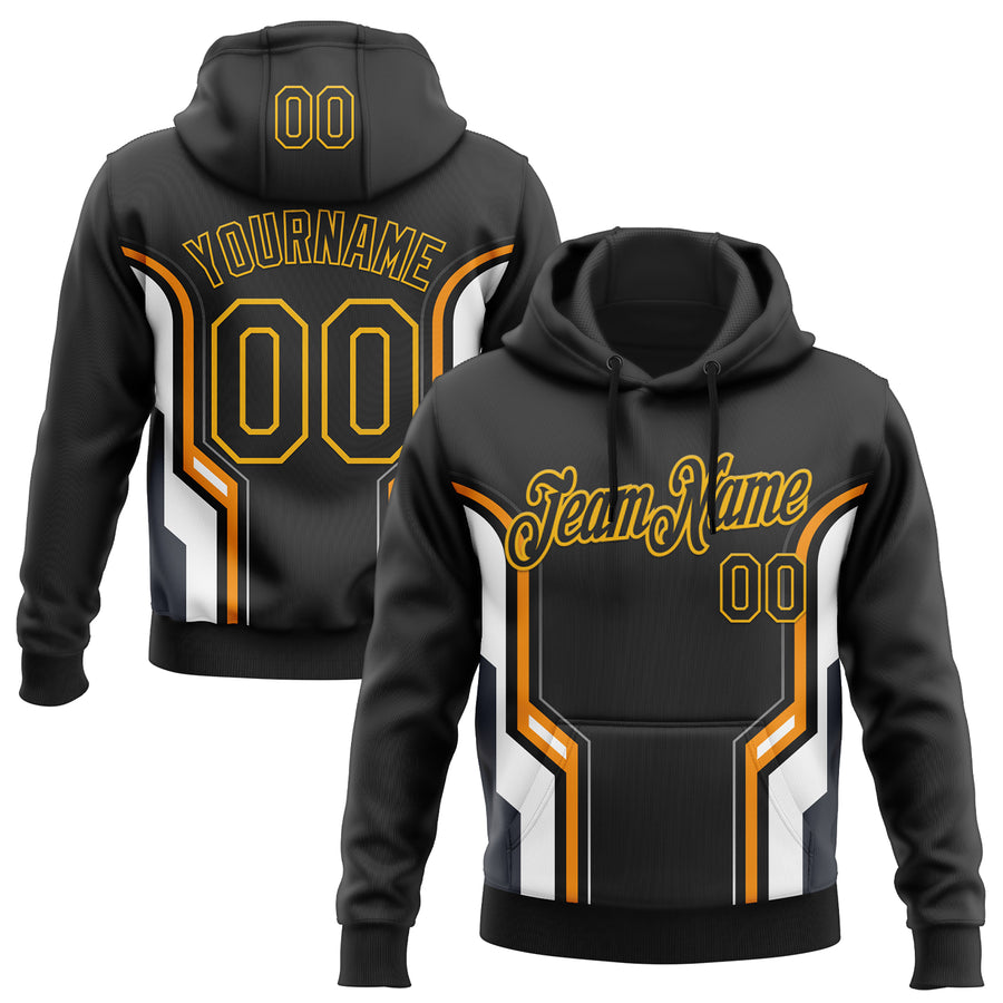 Custom Stitched Black Orange White-Gold 3D Pattern Design Sportswear Pullover Sweatshirt Hoodie