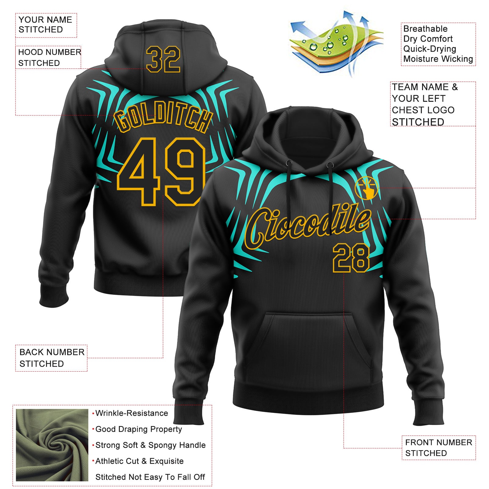 Custom Stitched Black Green-Gold 3D Pattern Design Sportswear Pullover Sweatshirt Hoodie