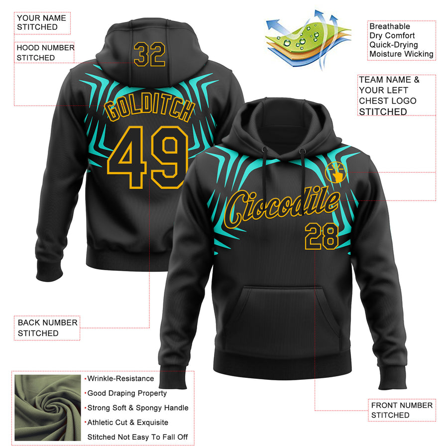 Custom Stitched Black Green-Gold 3D Pattern Design Sportswear Pullover Sweatshirt Hoodie