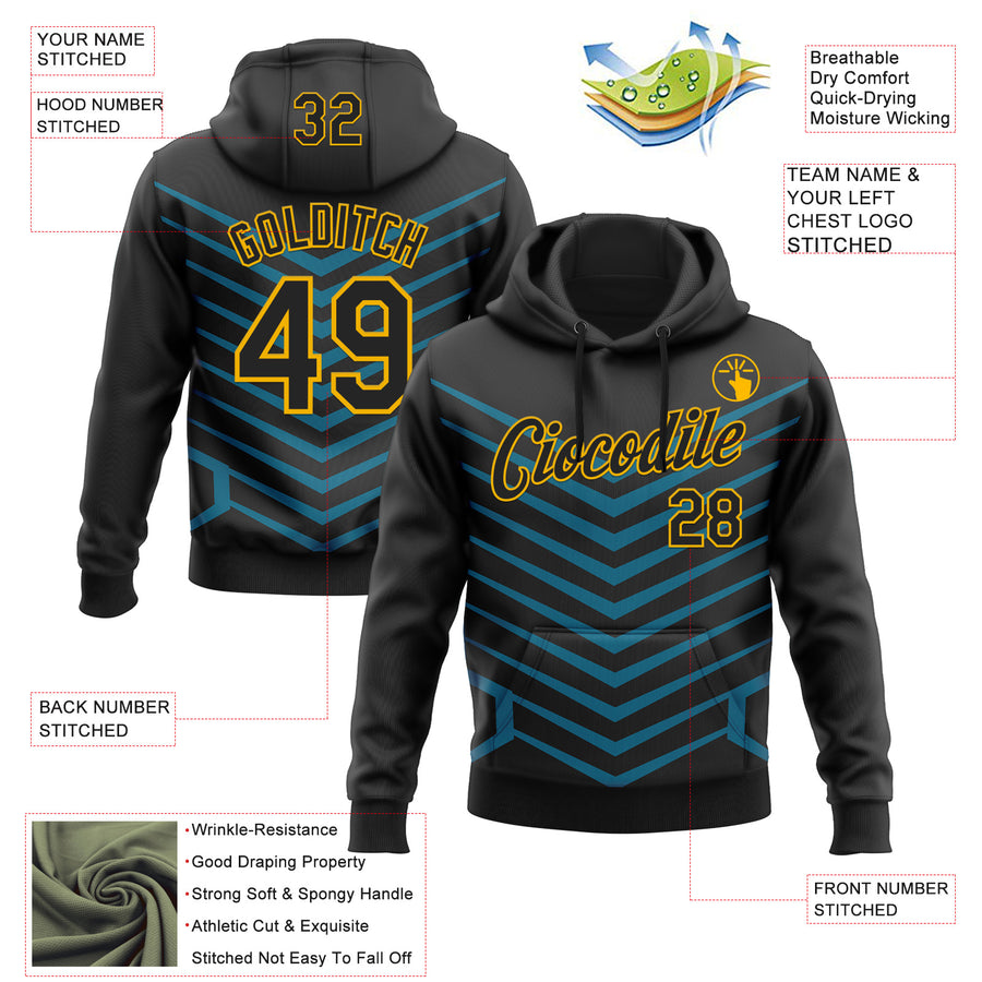 Custom Stitched Black Blue-Gold 3D Pattern Design Sportswear Pullover Sweatshirt Hoodie