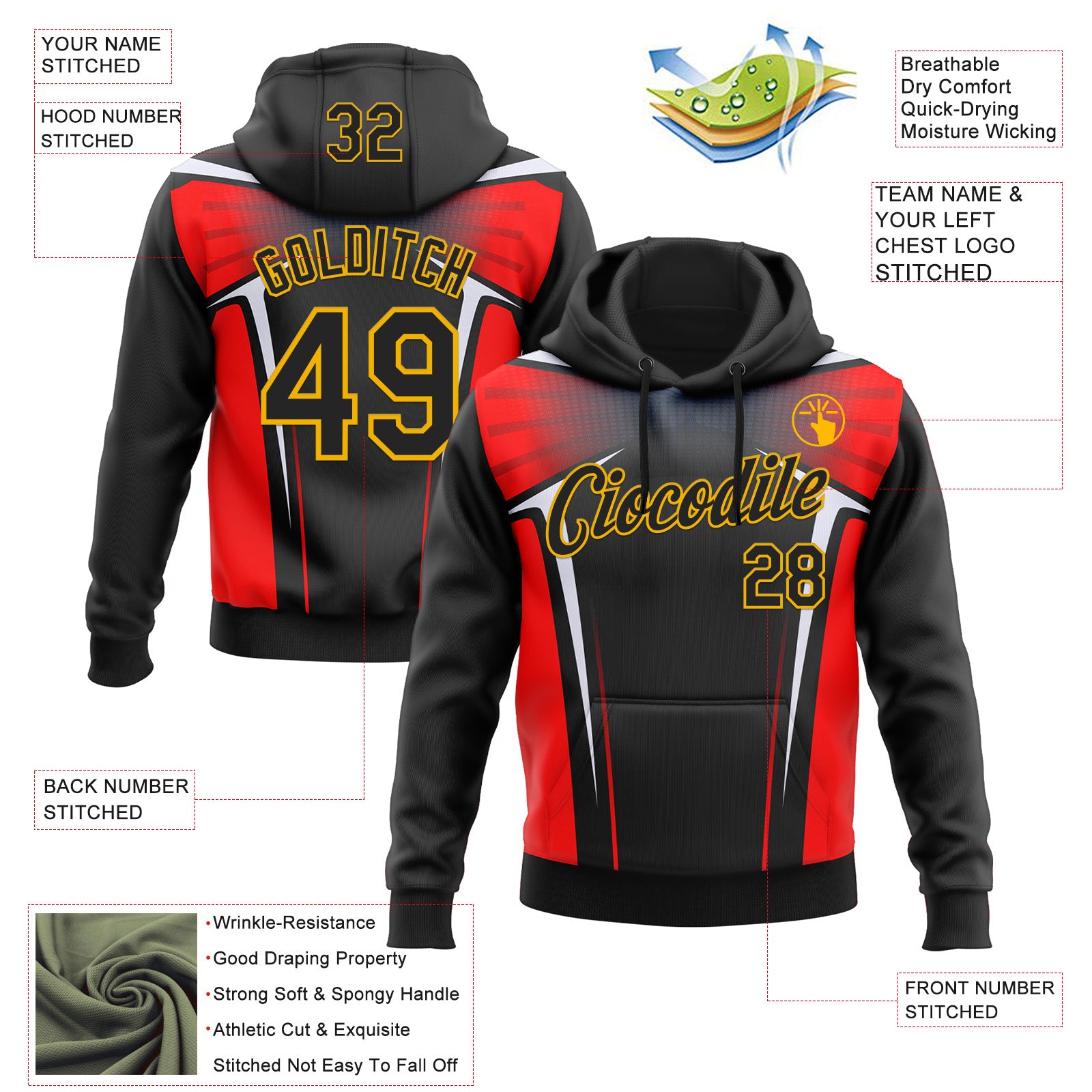 Custom Stitched Black Red White-Gold 3D Pattern Design Sportswear Pullover Sweatshirt Hoodie