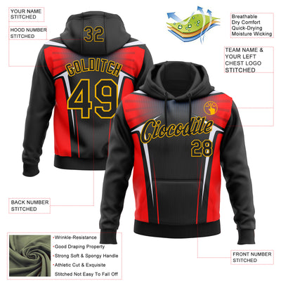 Custom Stitched Black Red White-Gold 3D Pattern Design Sportswear Pullover Sweatshirt Hoodie
