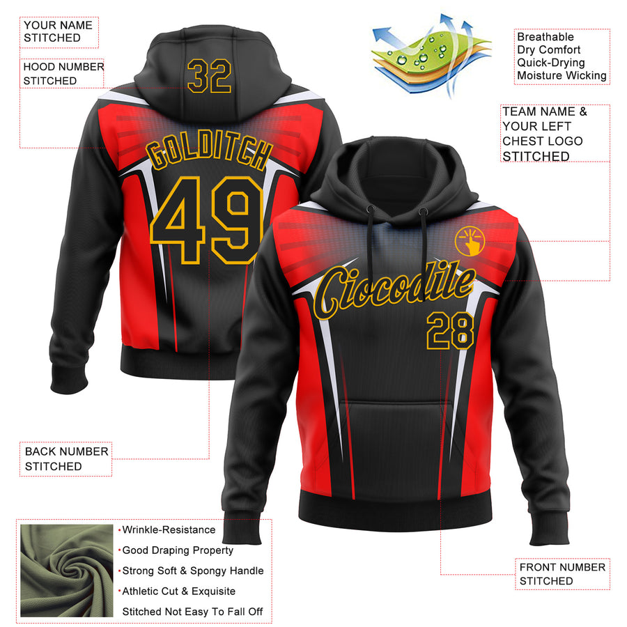 Custom Stitched Black Red White-Gold 3D Pattern Design Sportswear Pullover Sweatshirt Hoodie