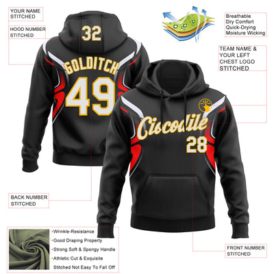 Custom Stitched Black White Red-Gold 3D Pattern Design Sportswear Pullover Sweatshirt Hoodie