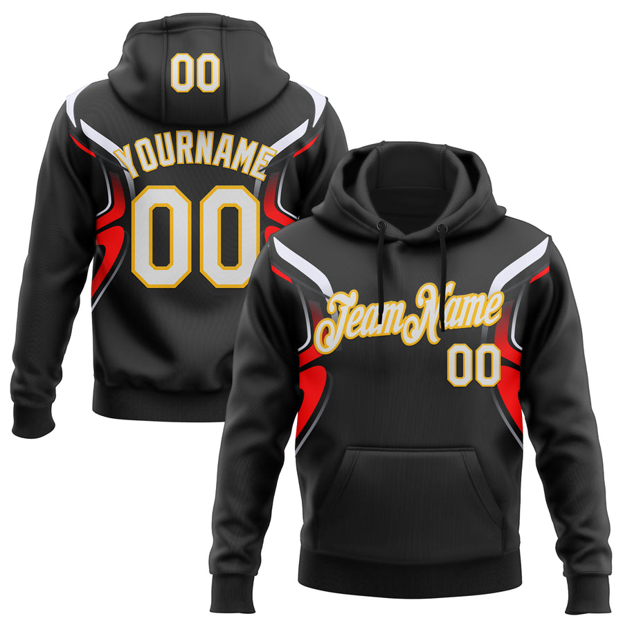 Custom Stitched Black White Red-Gold 3D Pattern Design Sportswear Pullover Sweatshirt Hoodie