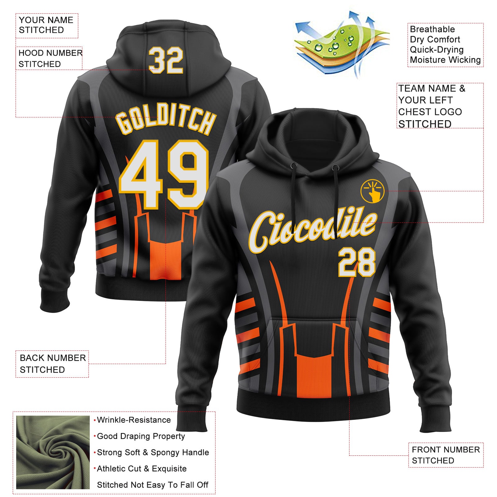 Custom Stitched Black White Gray Orange-Gold 3D Pattern Design Sportswear Pullover Sweatshirt Hoodie