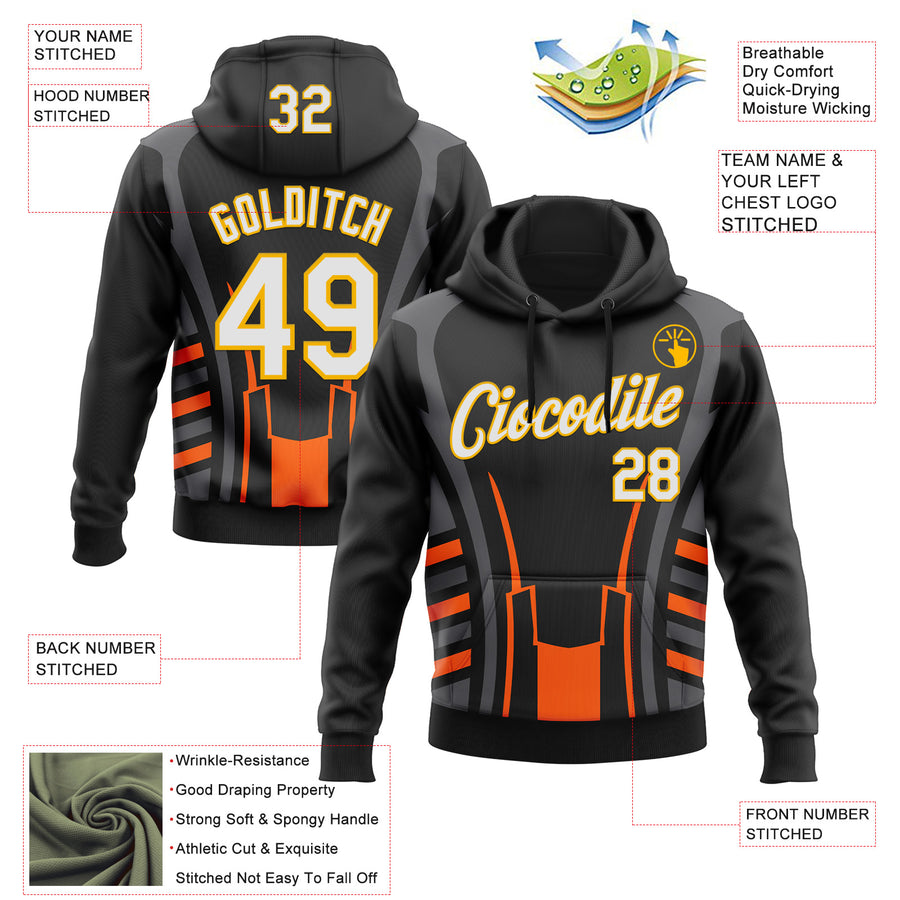Custom Stitched Black White Gray Orange-Gold 3D Pattern Design Sportswear Pullover Sweatshirt Hoodie