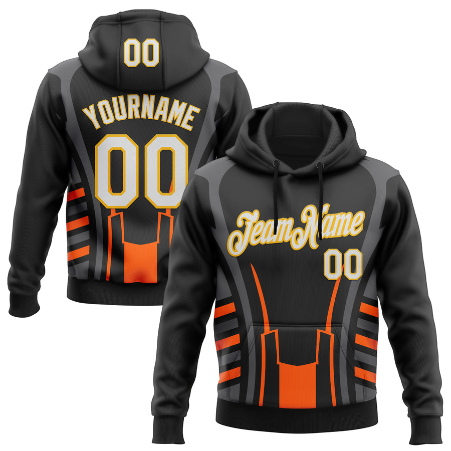 Custom Stitched Black White Gray Orange-Gold 3D Pattern Design Sportswear Pullover Sweatshirt Hoodie