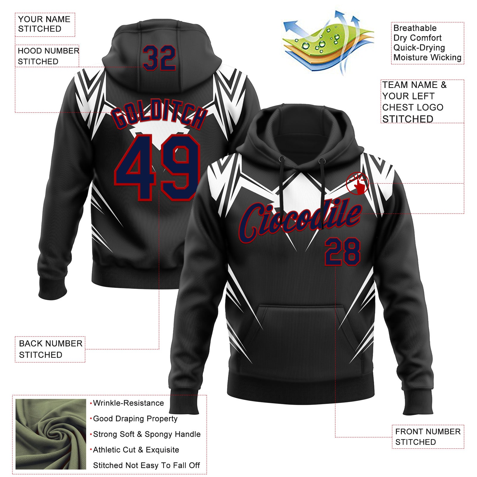 Custom Stitched Black Navy White-Red 3D Pattern Design Sportswear Pullover Sweatshirt Hoodie