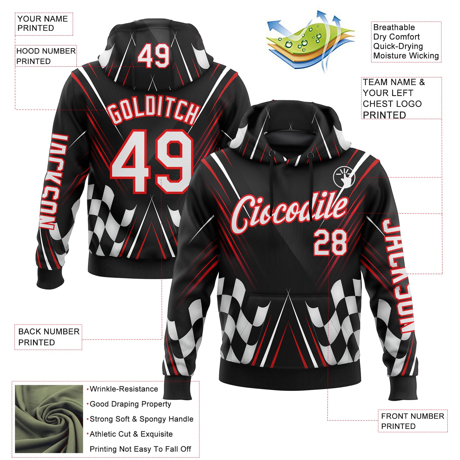 Custom Black White-Fire Red 3D Pattern Design Formula Auto Car Racing Motorsport Sports Pullover Sweatshirt Hoodie