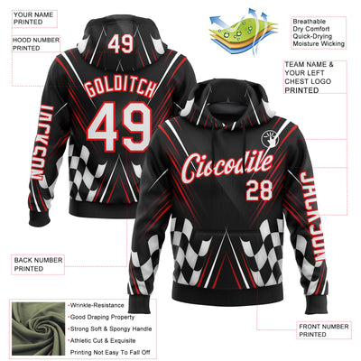 Custom Black White-Fire Red 3D Pattern Design Formula Auto Car Racing Motorsport Sports Pullover Sweatshirt Hoodie