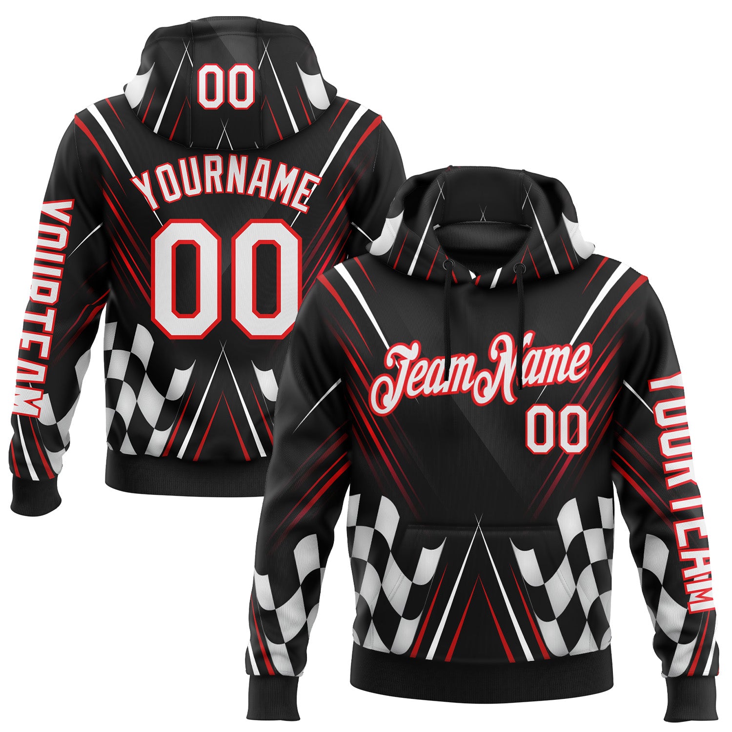 Custom Black White-Fire Red 3D Pattern Design Formula Auto Car Racing Motorsport Sports Pullover Sweatshirt Hoodie