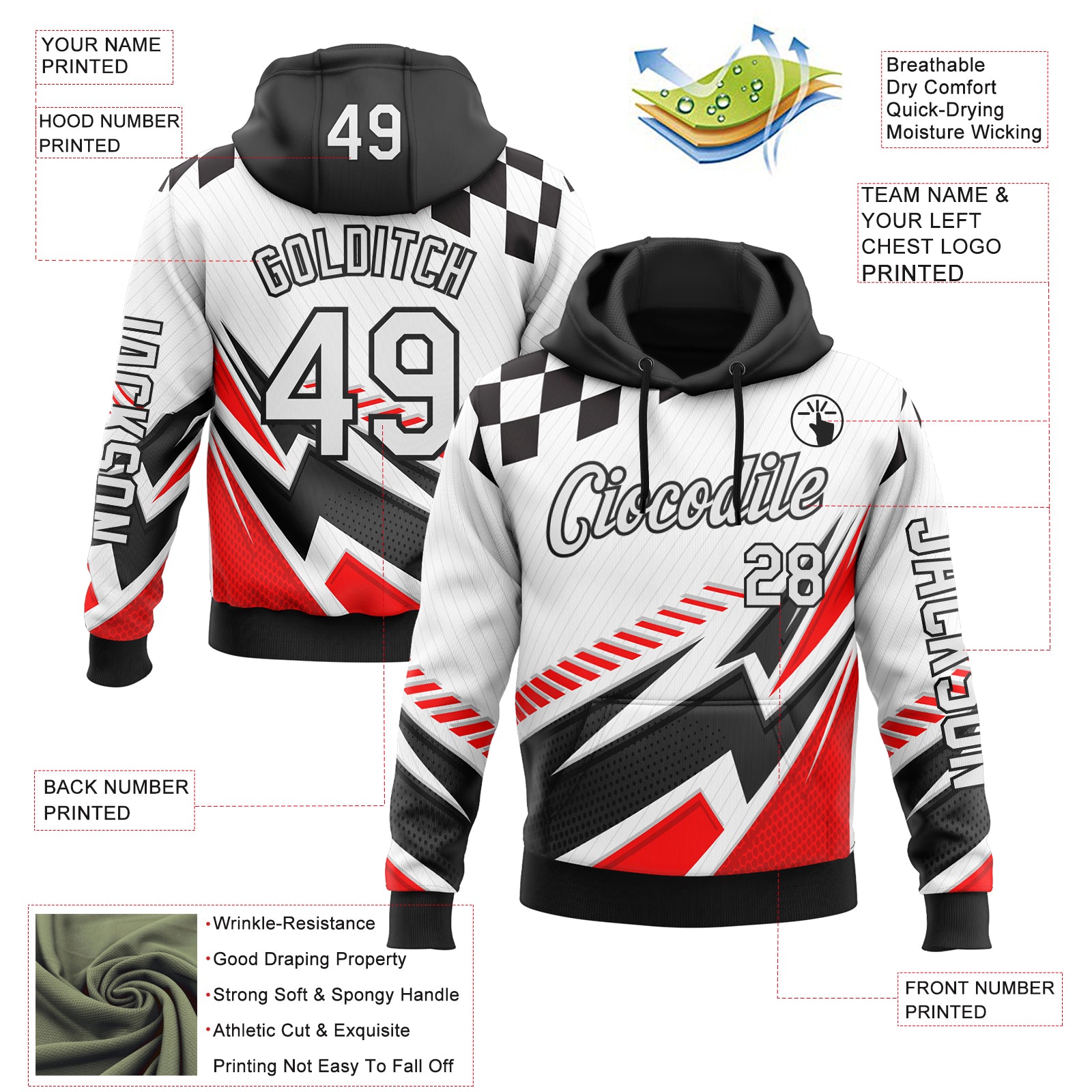 Custom White Black-Red 3D Pattern Design Formula Auto Car Racing Motorsport Sports Pullover Sweatshirt Hoodie