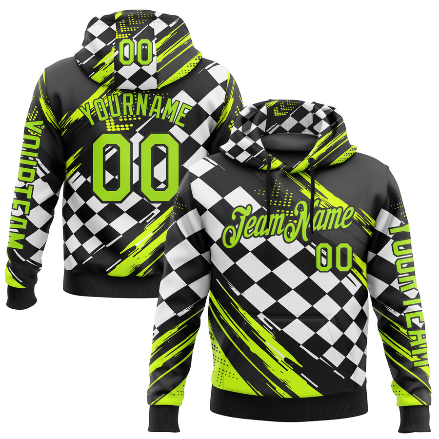 Custom Black Neon Green-White 3D Pattern Design Formula Auto Car Racing Motorsport Sports Pullover Sweatshirt Hoodie