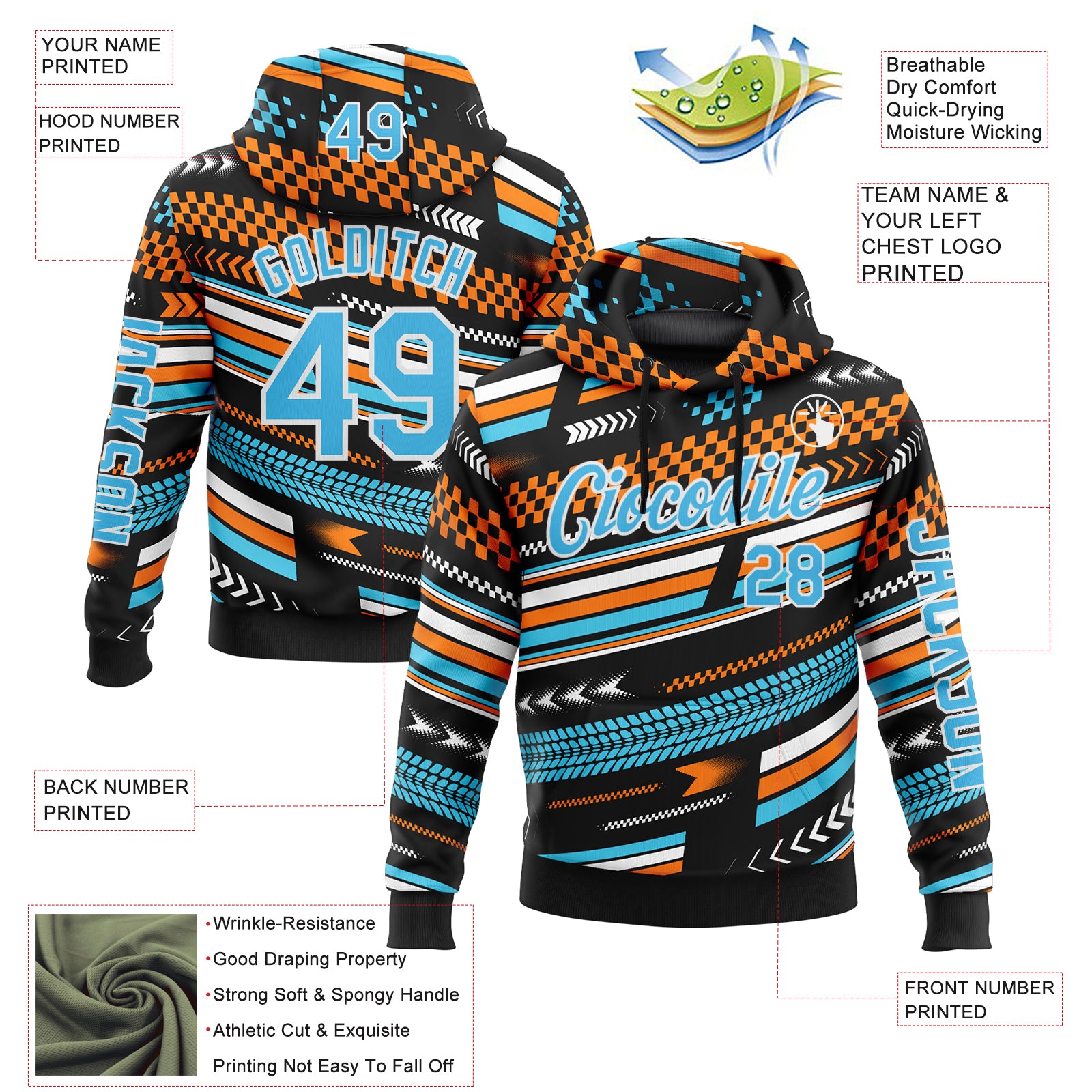 Custom Black Sky Blue Orange-White 3D Pattern Design Formula Auto Car Racing Motorsport Sports Pullover Sweatshirt Hoodie