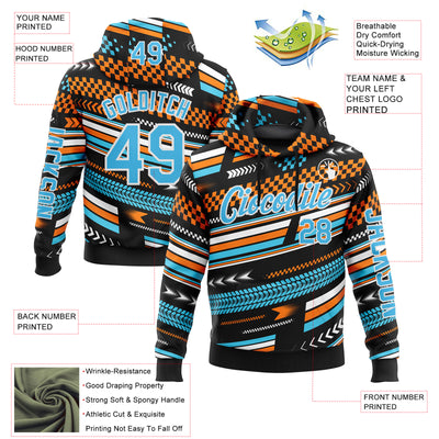 Custom Black Sky Blue Orange-White 3D Pattern Design Formula Auto Car Racing Motorsport Sports Pullover Sweatshirt Hoodie