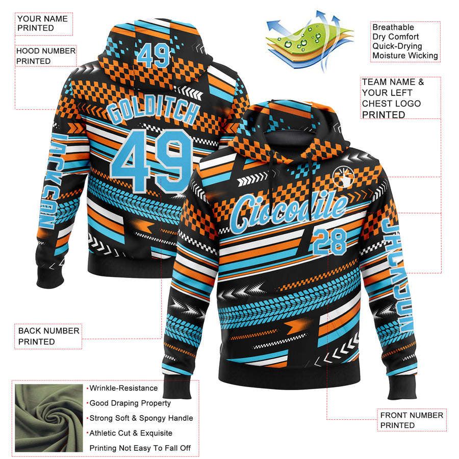 Custom Black Sky Blue Orange-White 3D Pattern Design Formula Auto Car Racing Motorsport Sports Pullover Sweatshirt Hoodie