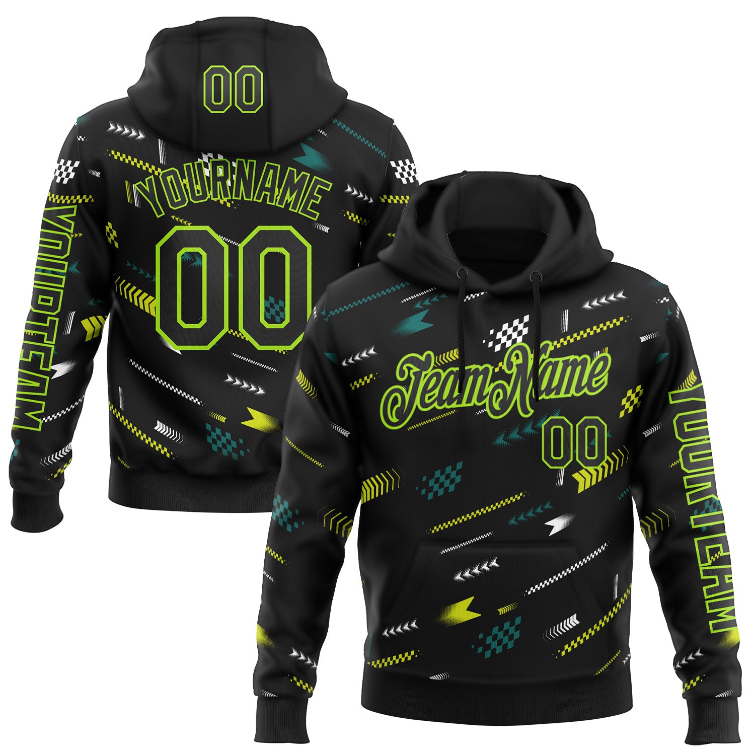 Custom Black Neon Green-White 3D Pattern Design Formula Auto Car Racing Motorsport Sports Pullover Sweatshirt Hoodie