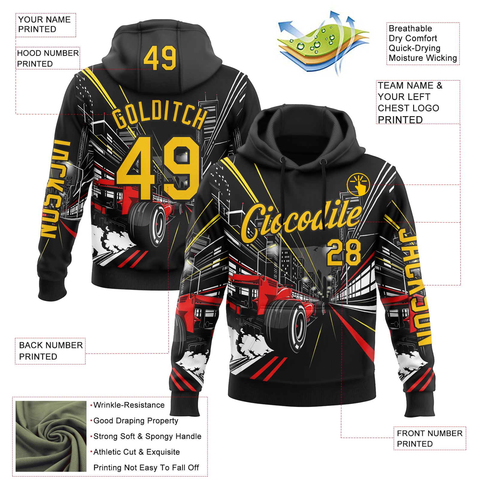 Custom Black Yellow Red-White 3D Pattern Design Formula Auto Car Racing Motorsport Sports Pullover Sweatshirt Hoodie
