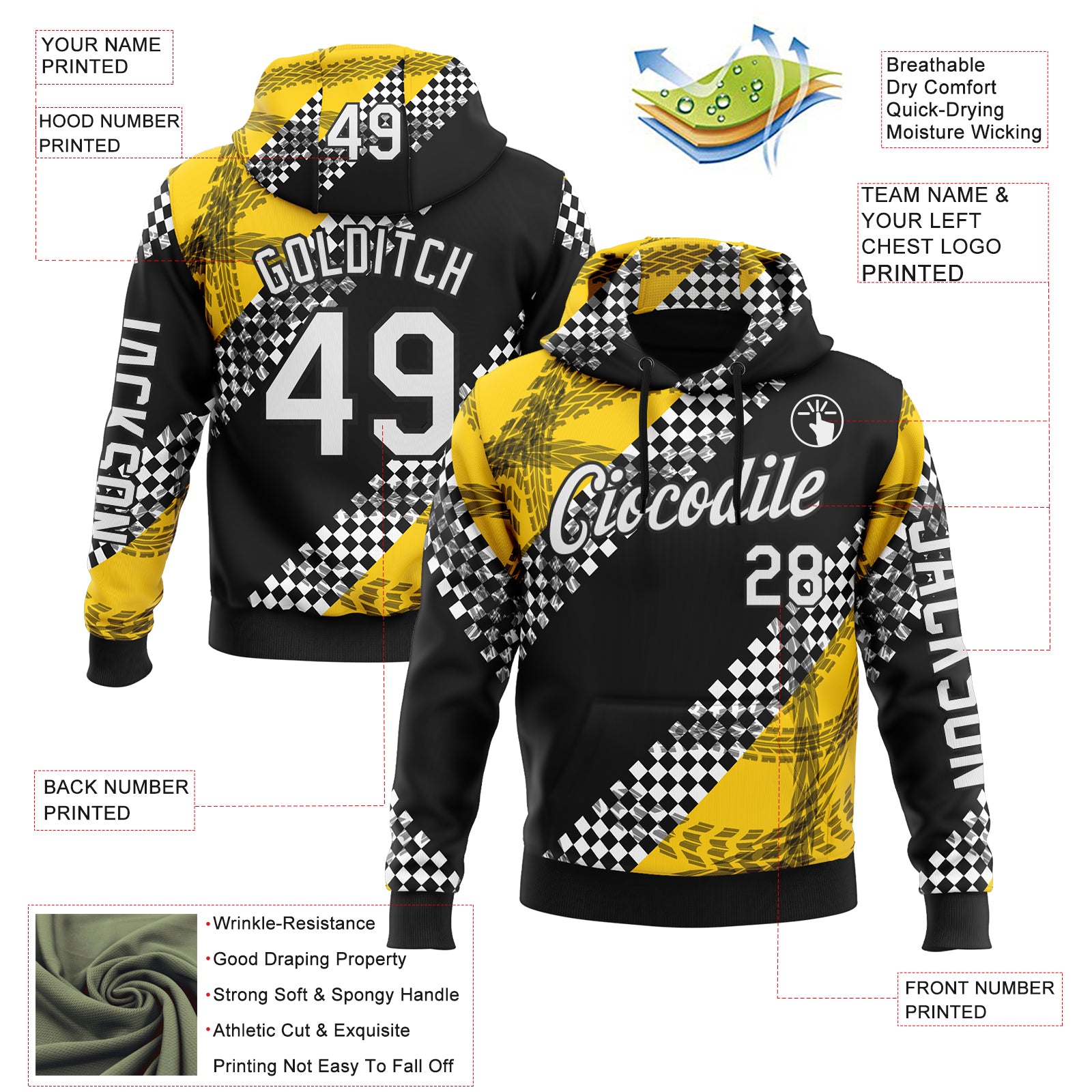Custom Black White-Yellow 3D Pattern Design Formula Auto Car Racing Motorsport Sports Pullover Sweatshirt Hoodie