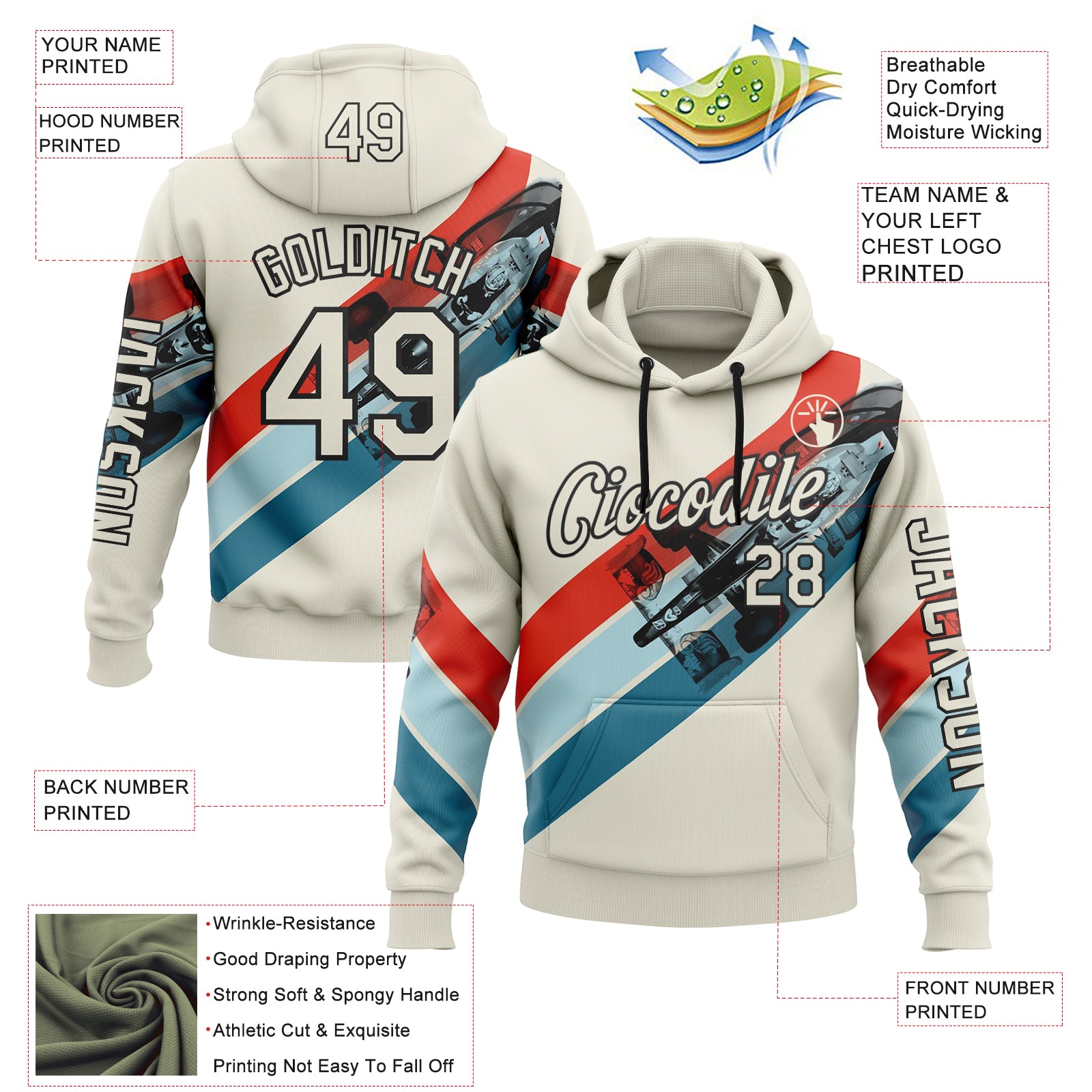 Custom Cream Red Blue-Black 3D Pattern Design Formula Auto Car Racing Motorsport Sports Pullover Sweatshirt Hoodie