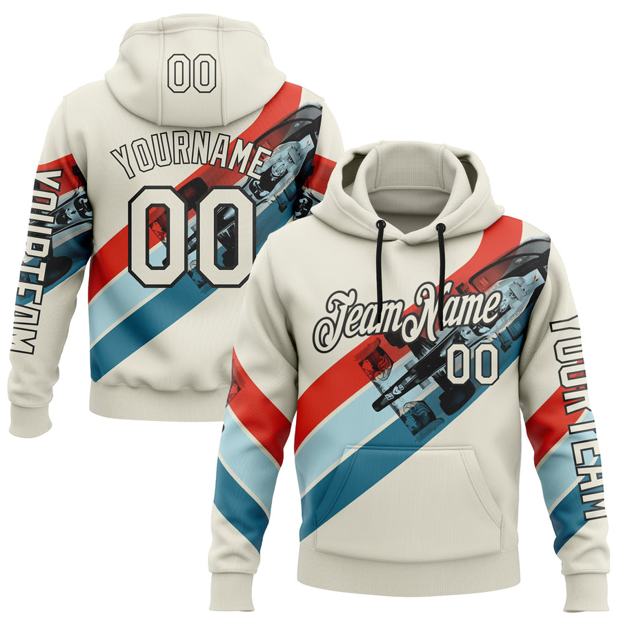 Custom Cream Red Blue-Black 3D Pattern Design Formula Auto Car Racing Motorsport Sports Pullover Sweatshirt Hoodie