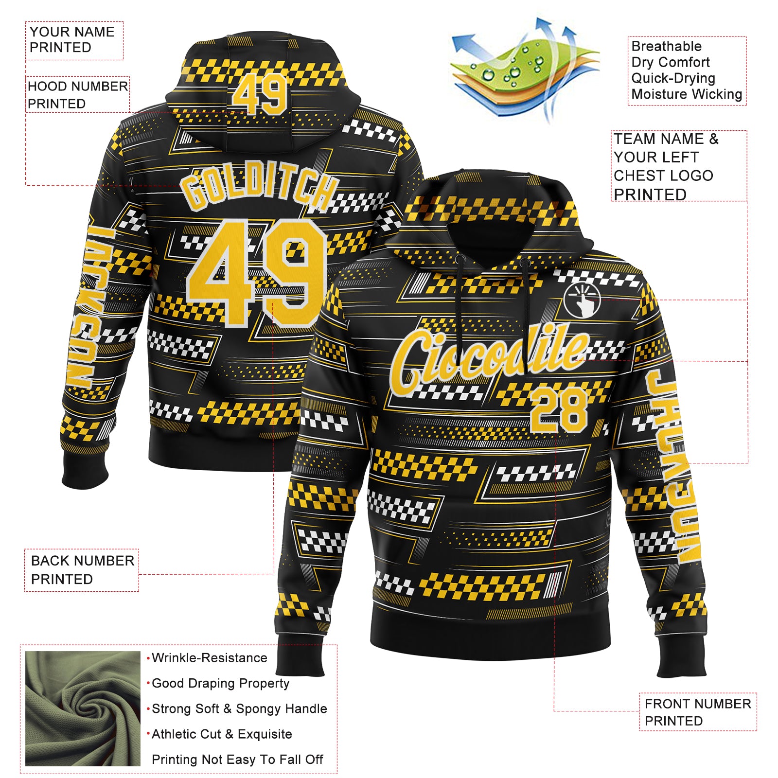 Custom Black Yellow-White 3D Pattern Design Formula Auto Car Racing Motorsport Sports Pullover Sweatshirt Hoodie