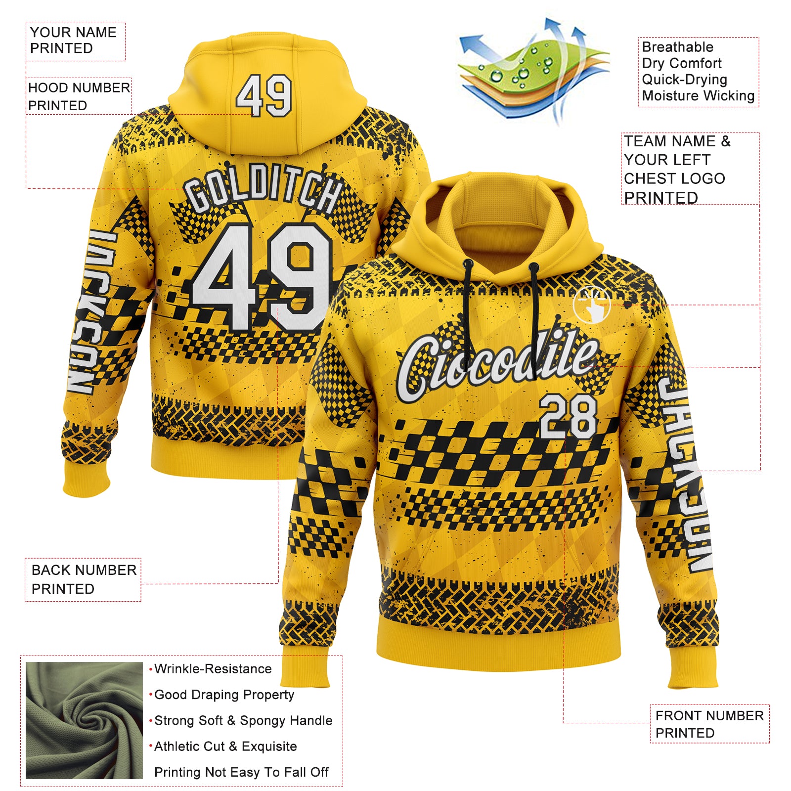 Custom Yellow White-Black 3D Pattern Design Formula Auto Car Racing Motorsport Sports Pullover Sweatshirt Hoodie