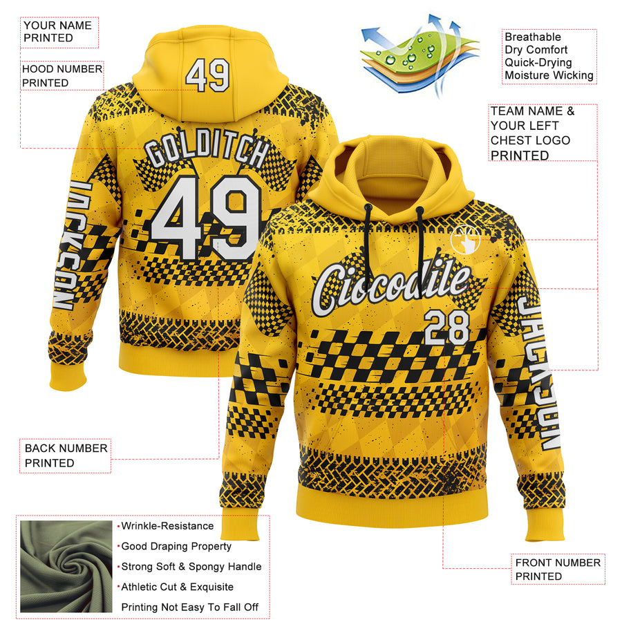 Custom Yellow White-Black 3D Pattern Design Formula Auto Car Racing Motorsport Sports Pullover Sweatshirt Hoodie