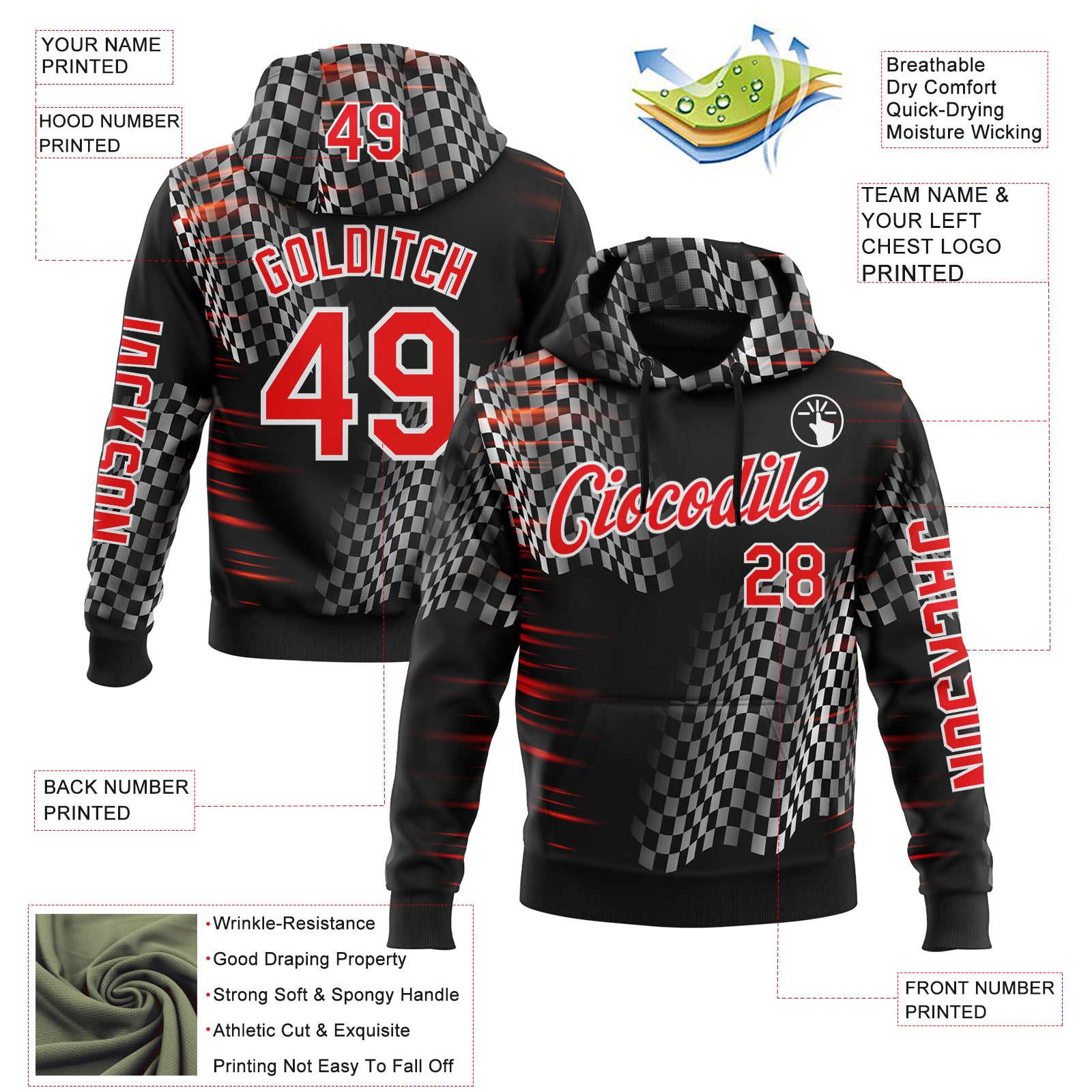 Custom Black Fire Red-White 3D Pattern Design Formula Auto Car Racing Motorsport Sports Pullover Sweatshirt Hoodie