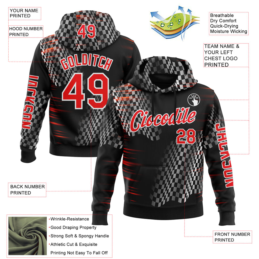Custom Black Fire Red-White 3D Pattern Design Formula Auto Car Racing Motorsport Sports Pullover Sweatshirt Hoodie