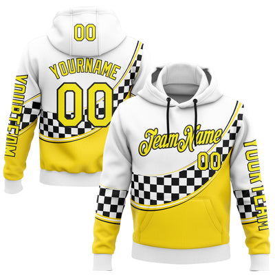 Custom White Light Yellow-Black 3D Pattern Design Formula Auto Car Racing Motorsport Sports Pullover Sweatshirt Hoodie