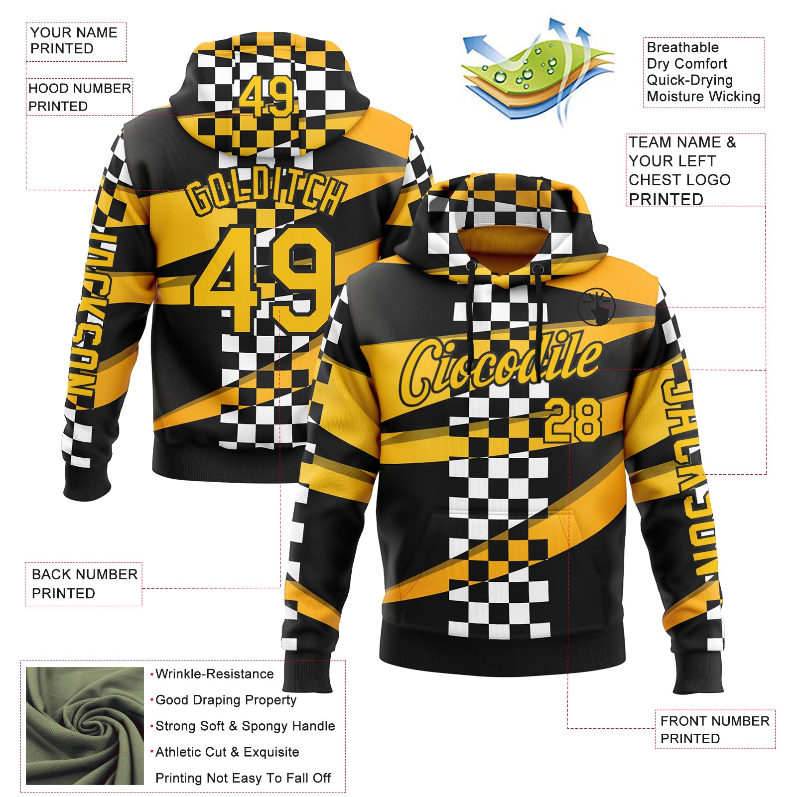 Custom Black Yellow 3D Pattern Design Formula Auto Car Racing Motorsport Sports Pullover Sweatshirt Hoodie
