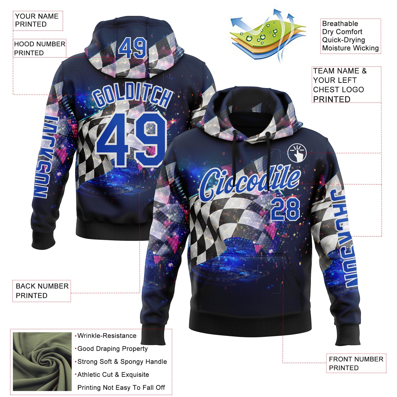 Custom Black Thunder Blue-White 3D Pattern Design Formula Auto Car Racing Motorsport Sports Pullover Sweatshirt Hoodie