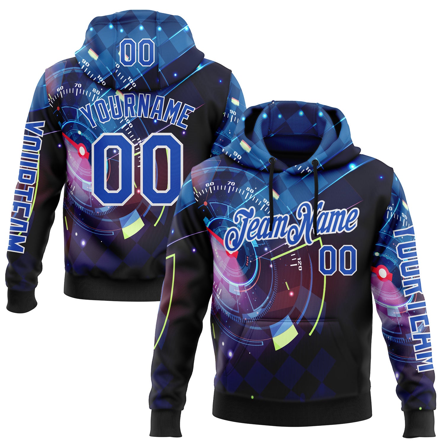 Custom Black Thunder Blue-White 3D Pattern Design Formula Auto Car Racing Motorsport Sports Pullover Sweatshirt Hoodie