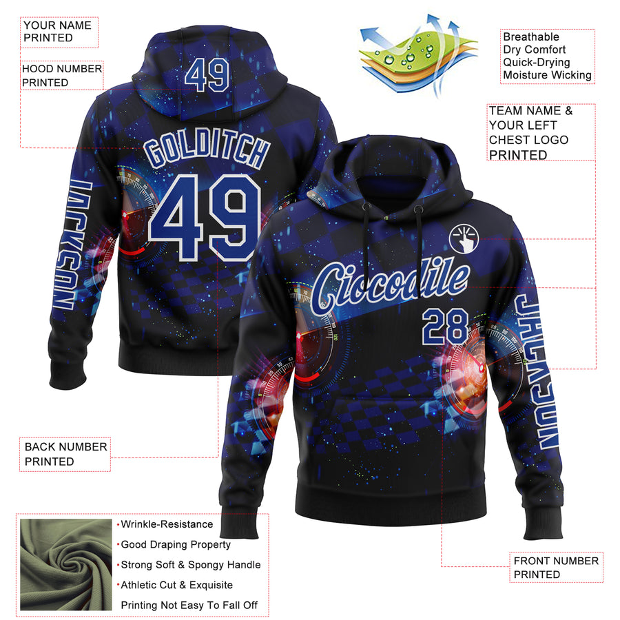 Custom Black Royal-White 3D Pattern Design Formula Auto Car Racing Motorsport Sports Pullover Sweatshirt Hoodie