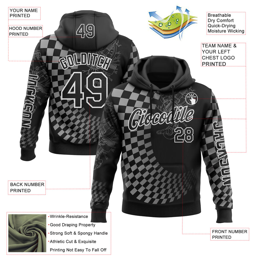 Custom Black White 3D Pattern Design Formula Auto Car Racing Motorsport Sports Pullover Sweatshirt Hoodie