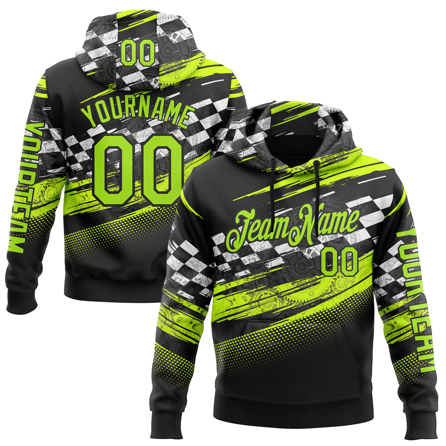 Custom Black Neon Green-White 3D Pattern Design Formula Auto Car Racing Motorsport Sports Pullover Sweatshirt Hoodie