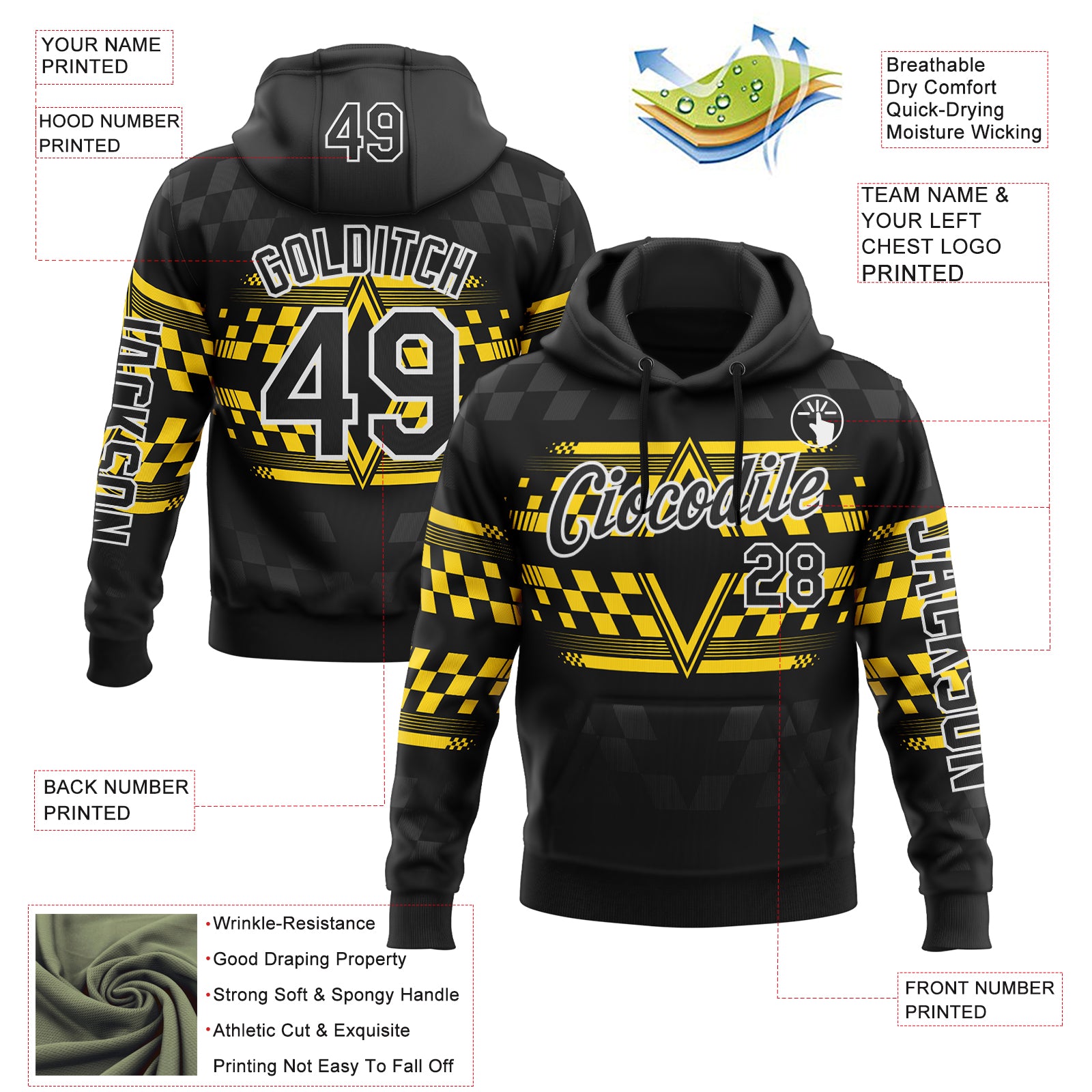 Custom Black Yellow-White 3D Pattern Design Formula Auto Car Racing Motorsport Sports Pullover Sweatshirt Hoodie
