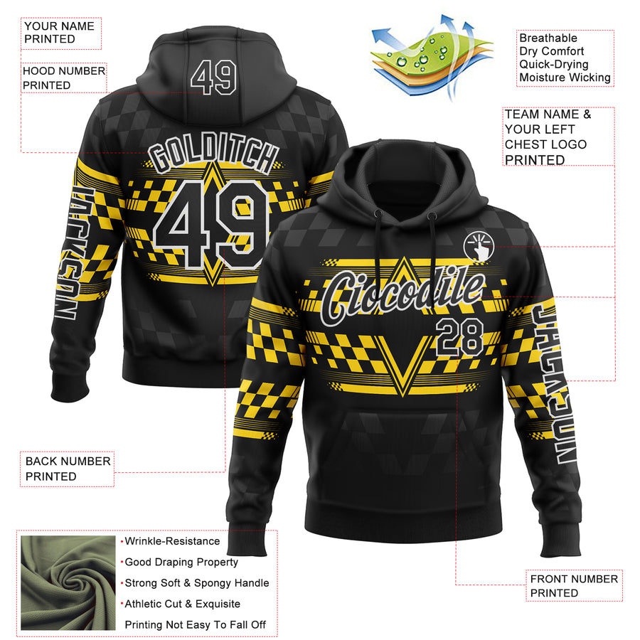 Custom Black Yellow-White 3D Pattern Design Formula Auto Car Racing Motorsport Sports Pullover Sweatshirt Hoodie