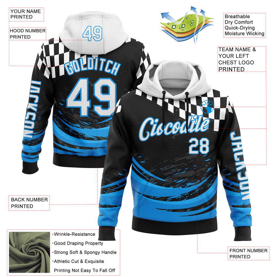 Custom Black White-Blue 3D Pattern Design Formula Auto Car Racing Motorsport Sports Pullover Sweatshirt Hoodie