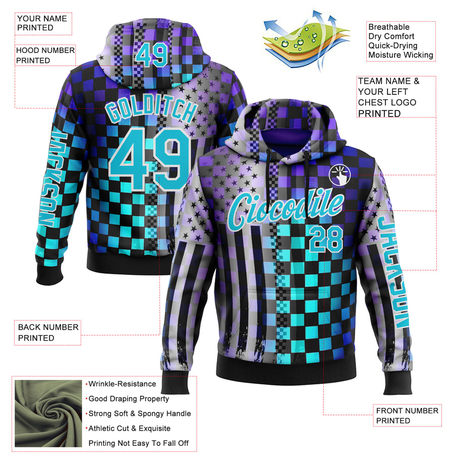 Custom Black Lakes Blue Purple-White 3D Pattern Design Formula Auto Car Racing Motorsport Sports Pullover Sweatshirt Hoodie