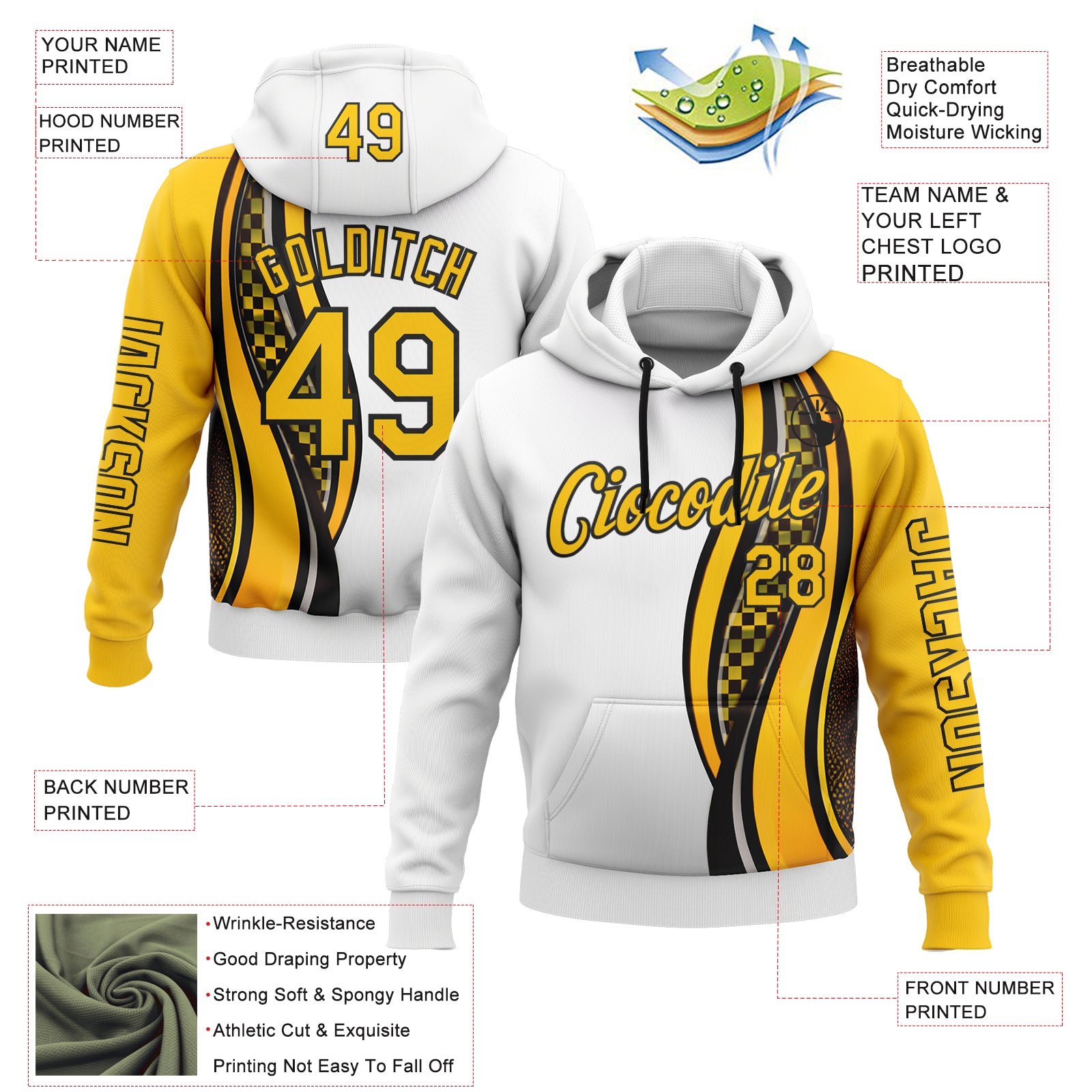 Custom White Yellow-Black 3D Pattern Design Formula Auto Car Racing Motorsport Sports Pullover Sweatshirt Hoodie