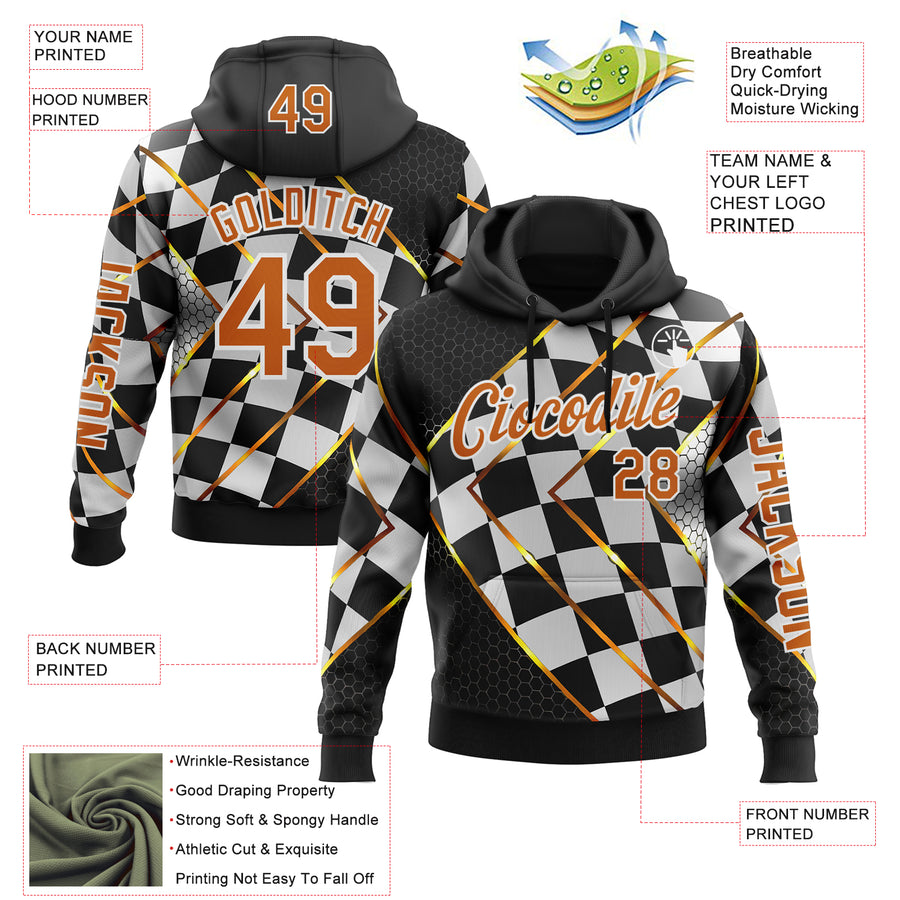 Custom Black Texas Orange Yellow-White 3D Pattern Design Formula Auto Car Racing Motorsport Sports Pullover Sweatshirt Hoodie