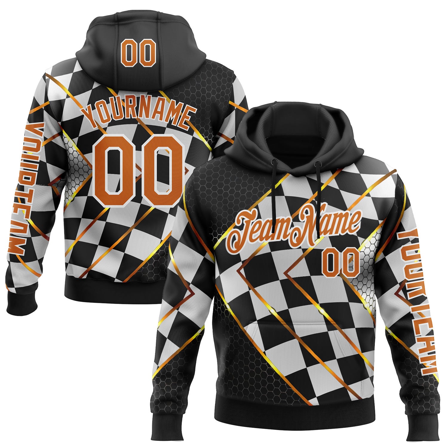 Custom Black Texas Orange Yellow-White 3D Pattern Design Formula Auto Car Racing Motorsport Sports Pullover Sweatshirt Hoodie
