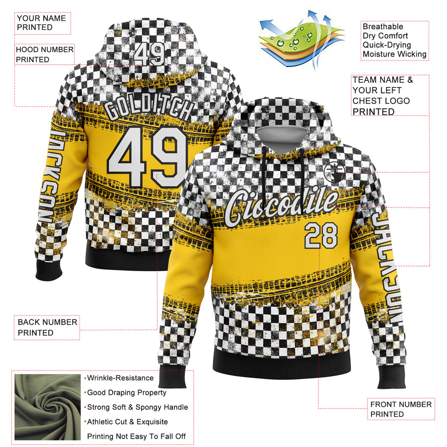 Custom Black White-Yellow 3D Pattern Design Formula Auto Car Racing Motorsport Sports Pullover Sweatshirt Hoodie