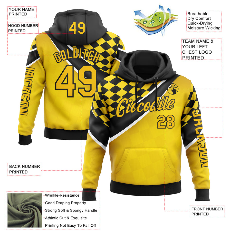 Custom Yellow Black-White 3D Pattern Design Formula Auto Car Racing Motorsport Sports Pullover Sweatshirt Hoodie