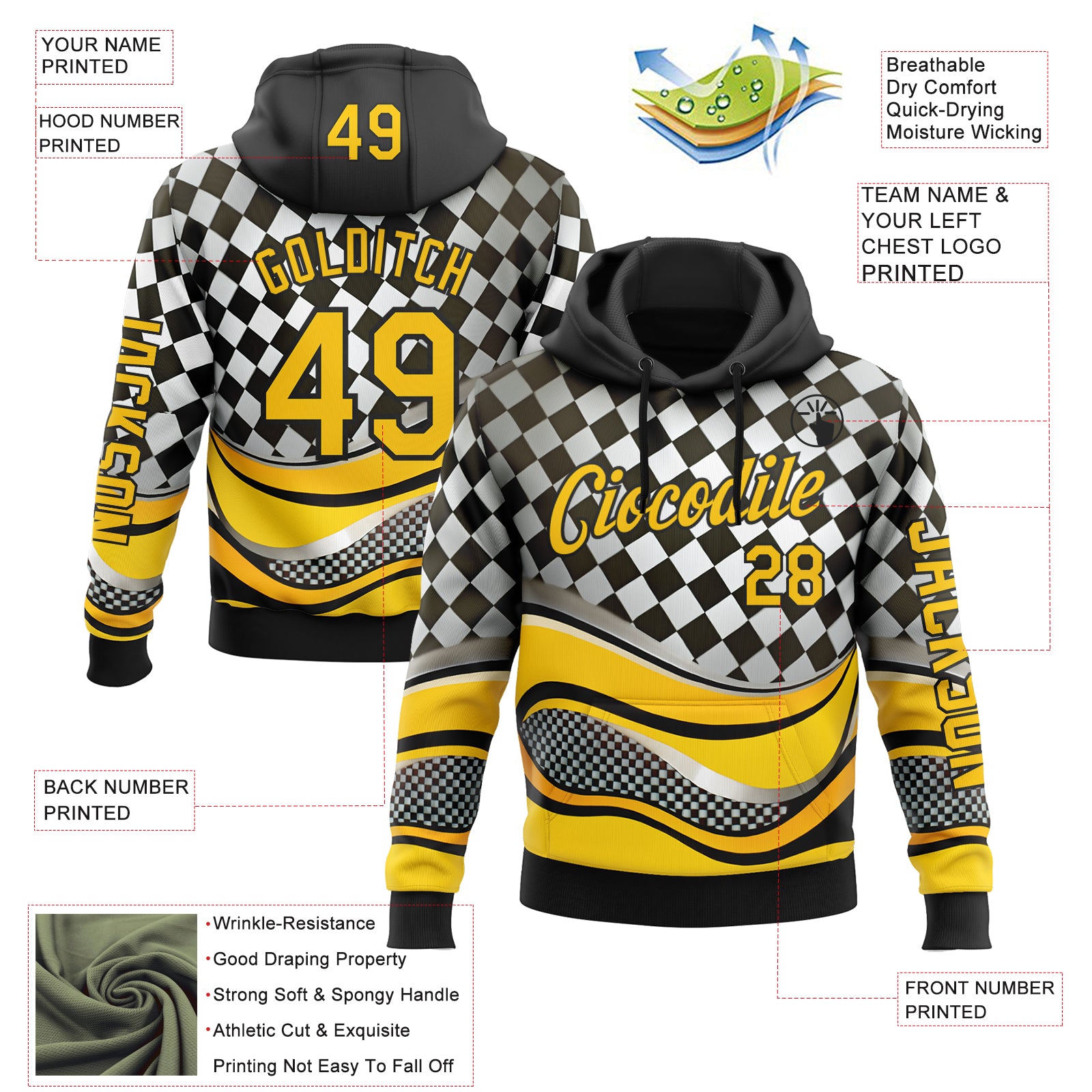 Custom Black Yellow-White 3D Pattern Design Formula Auto Car Racing Motorsport Sports Pullover Sweatshirt Hoodie