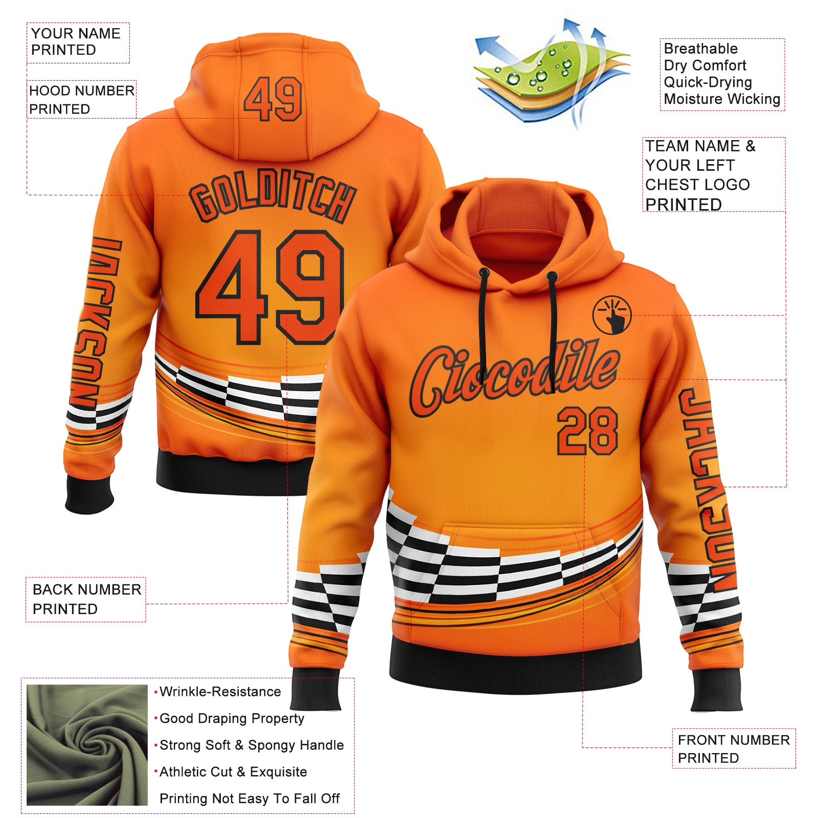 Custom Orange Black-White 3D Pattern Design Formula Auto Car Racing Motorsport Sports Pullover Sweatshirt Hoodie