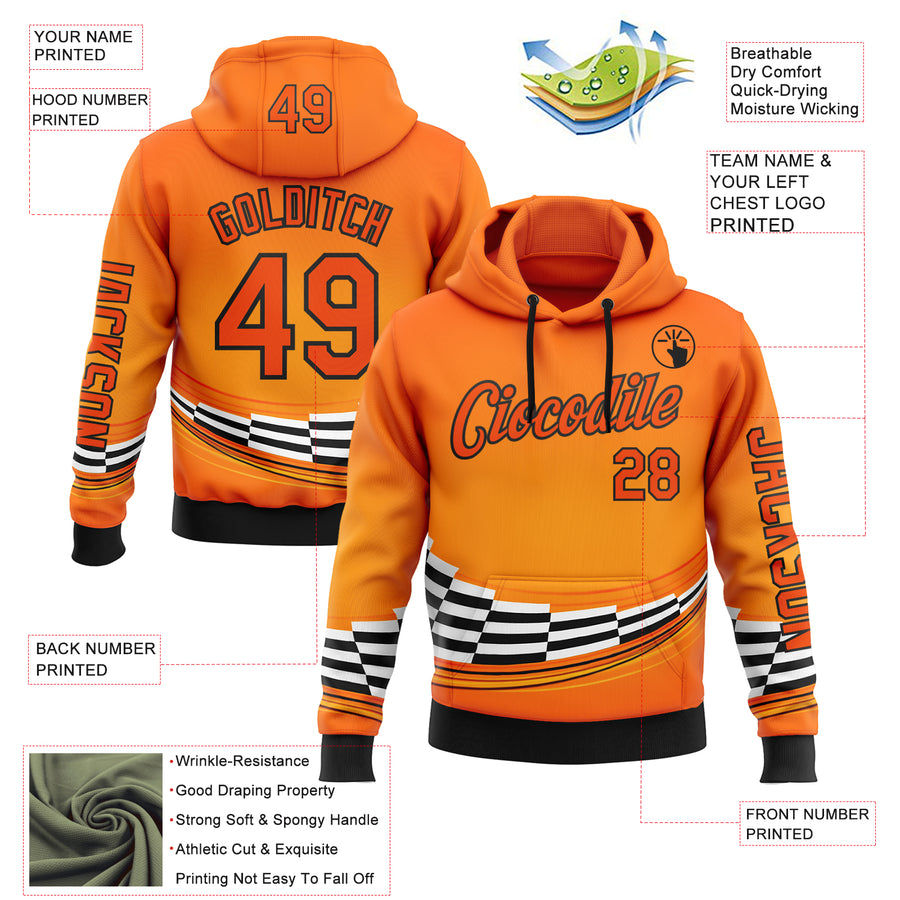Custom Orange Black-White 3D Pattern Design Formula Auto Car Racing Motorsport Sports Pullover Sweatshirt Hoodie